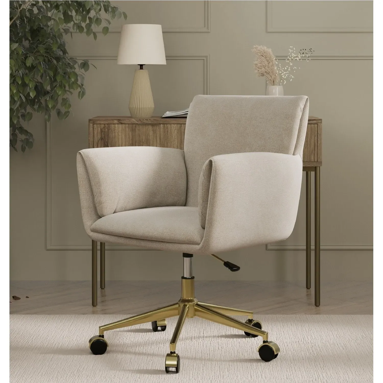 Swivel Office Chair with Gold Legs - Beige, Chenille image