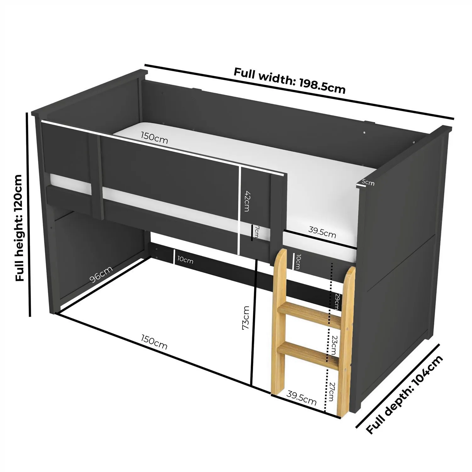 Mid Sleeper Cabin Bed with Ladder - Grey, Wood