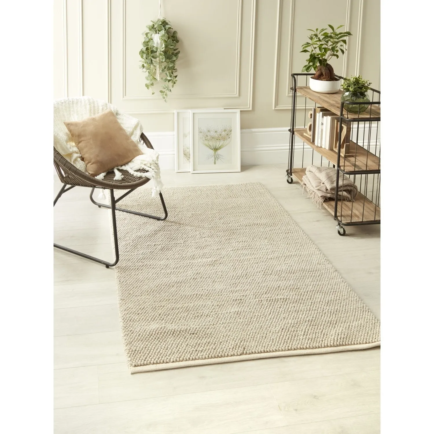 Large Hand Woven Textured Rug - Beige, Wool
