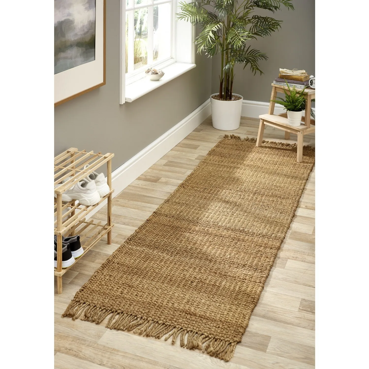 Runner Rug with Fringed Edging - Brown, Jute