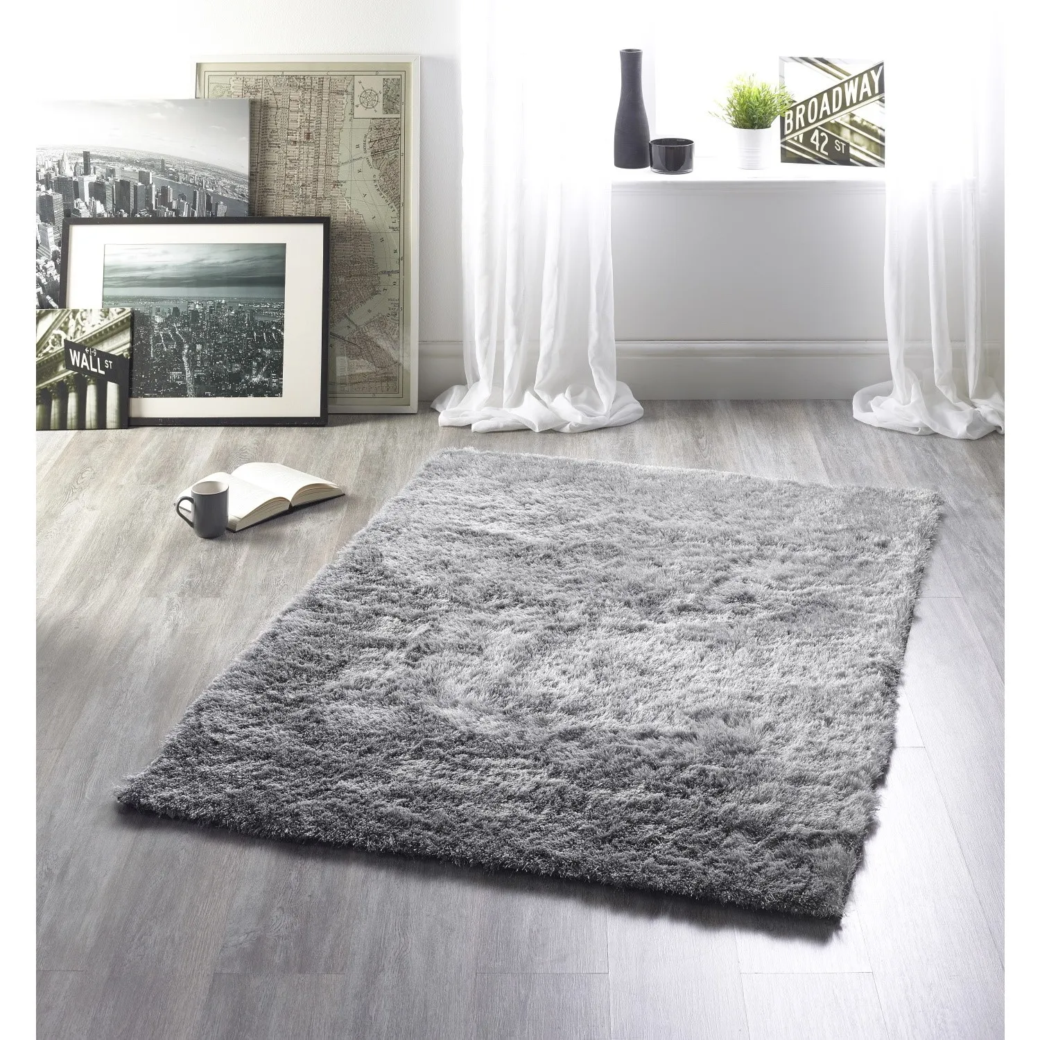 Shaggy Area Rug with Glitter - Silver, Polyester