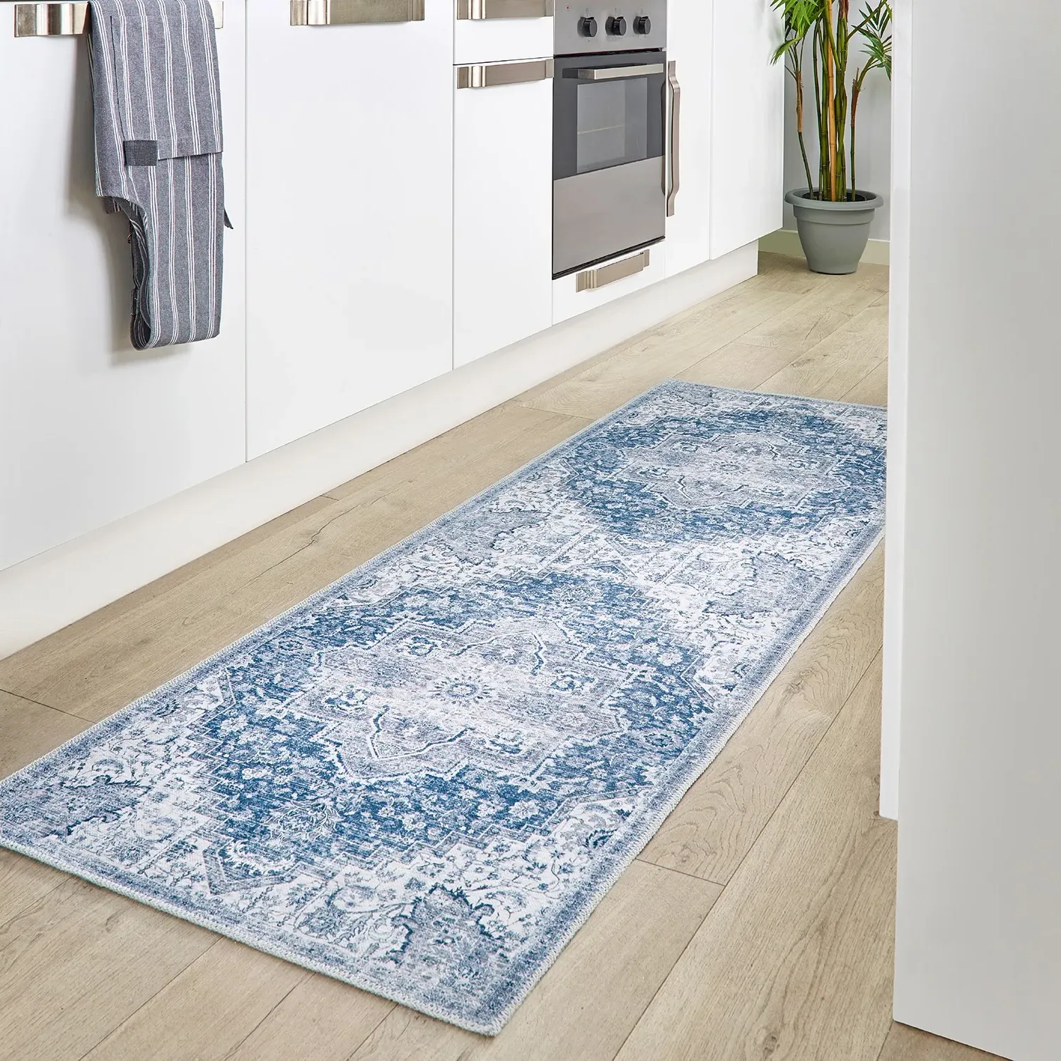 Washable Medallion Runner Rug - Blue, Chenille