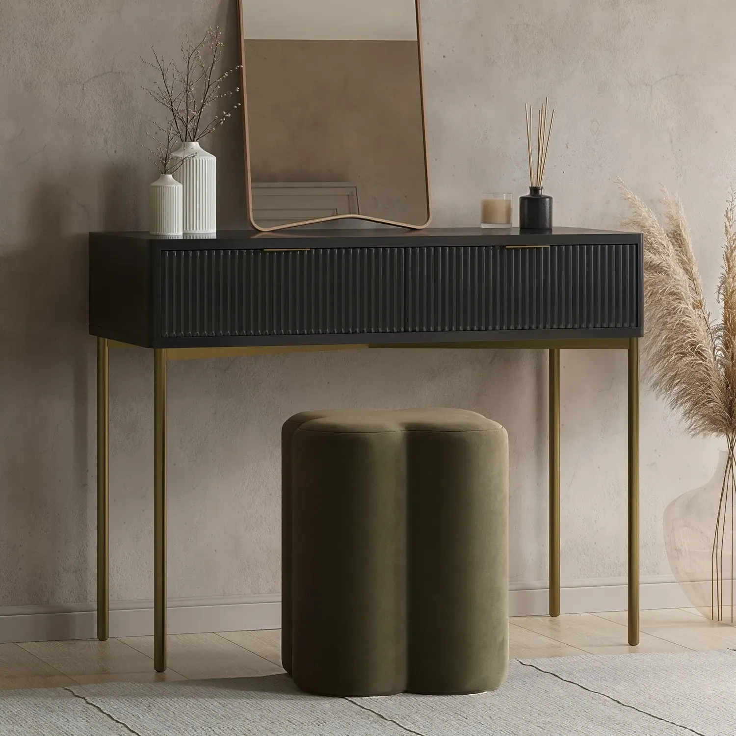 Clover-Shaped Dressing Stool - Khaki Green, Velvet