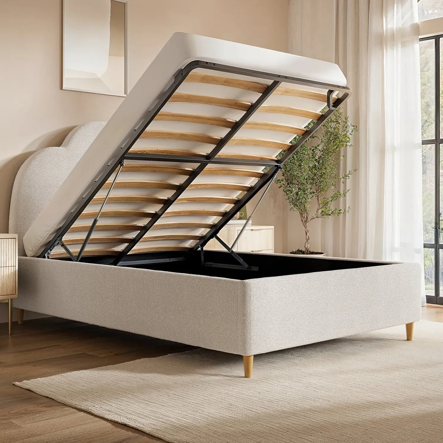 Small Double Ottoman Bed Scalloped - Cream, Boucle