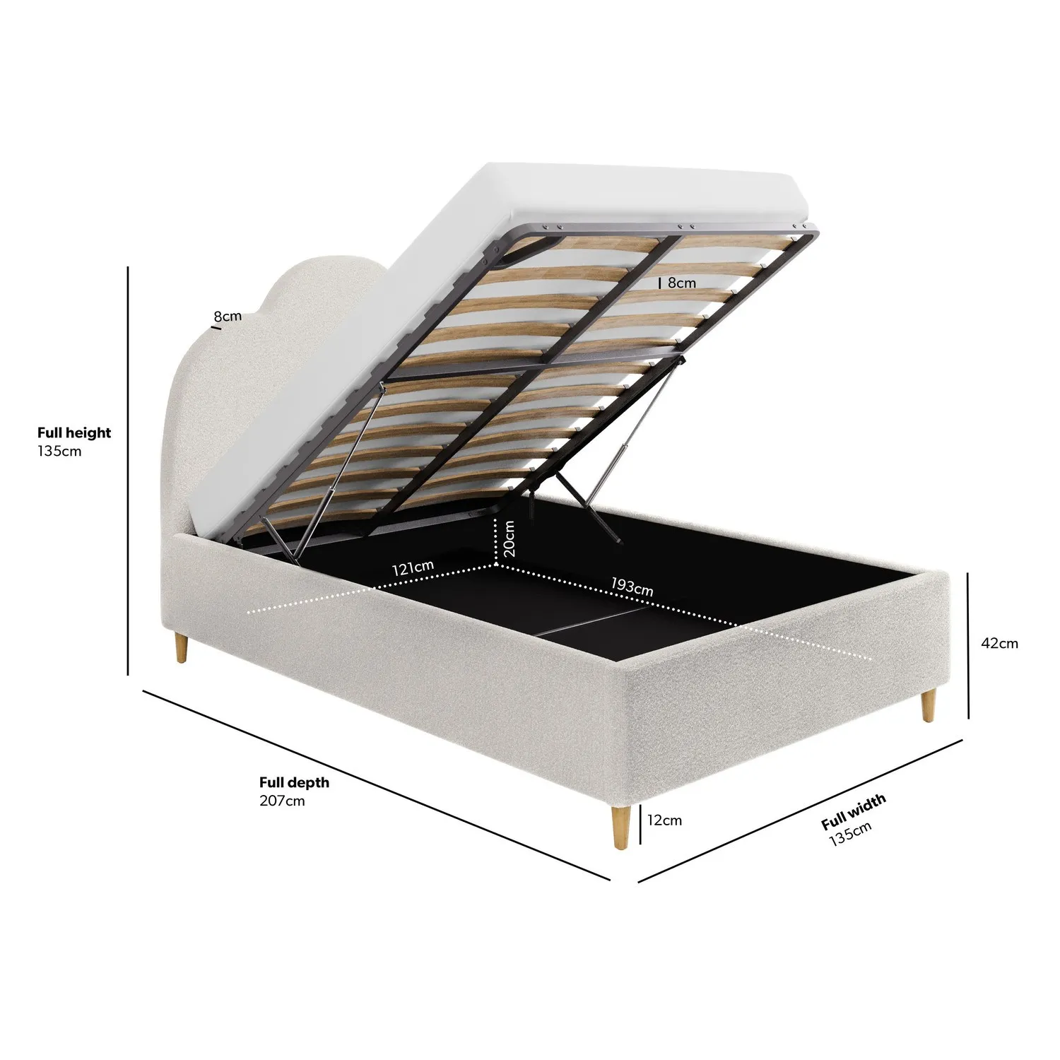 Small Double Ottoman Bed Scalloped - Cream, Boucle