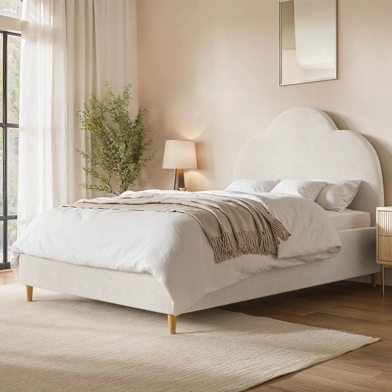 Small Double Ottoman Bed Scalloped - Cream, Boucle image