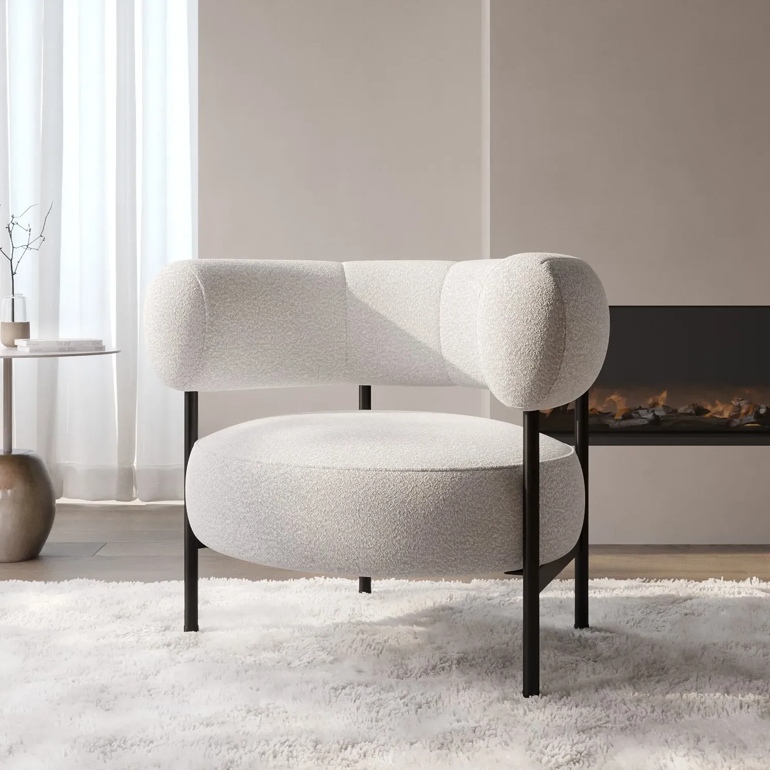 Curved Armchair - Cream, Boucle