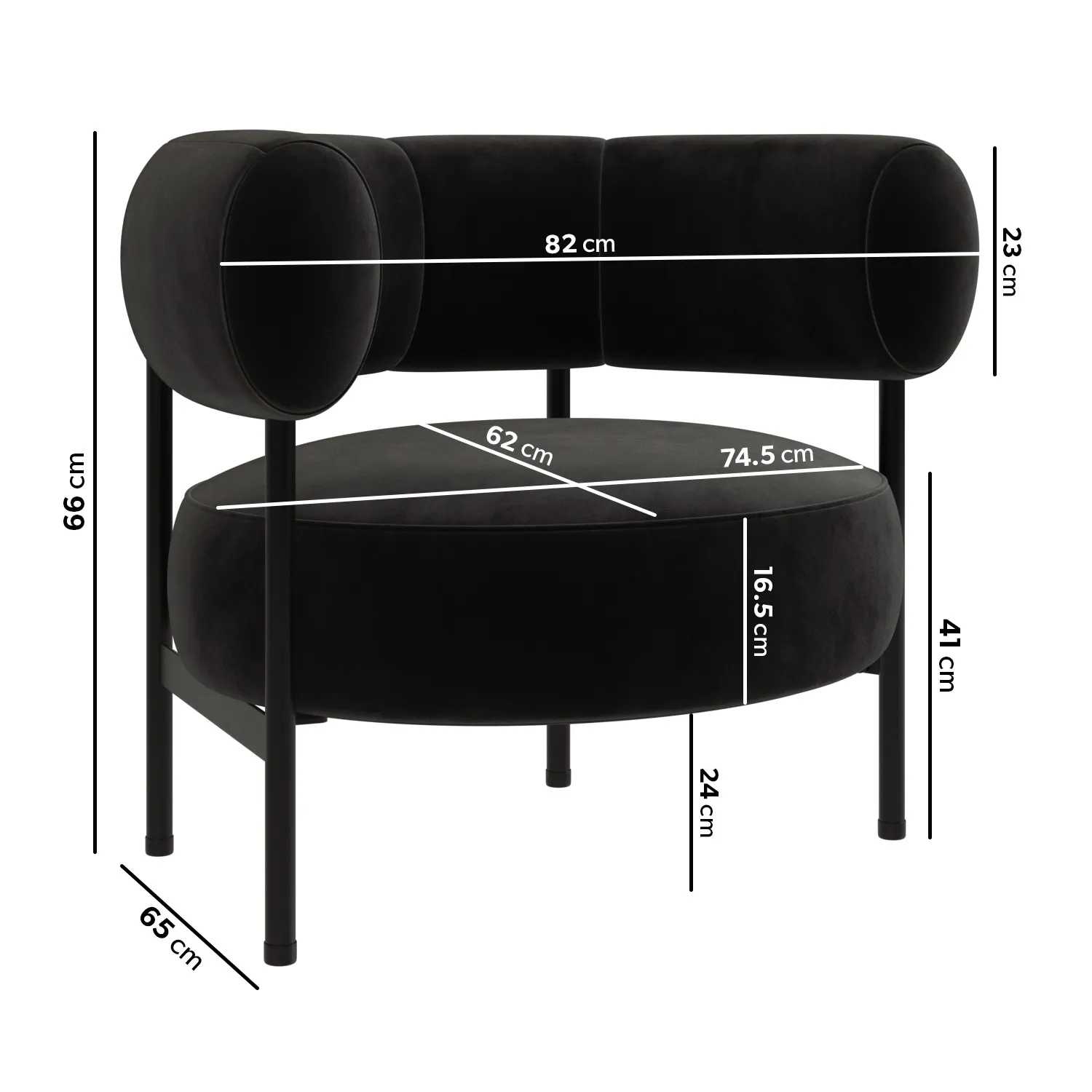 Curved Armchair with Metal Frame - Black, Velvet