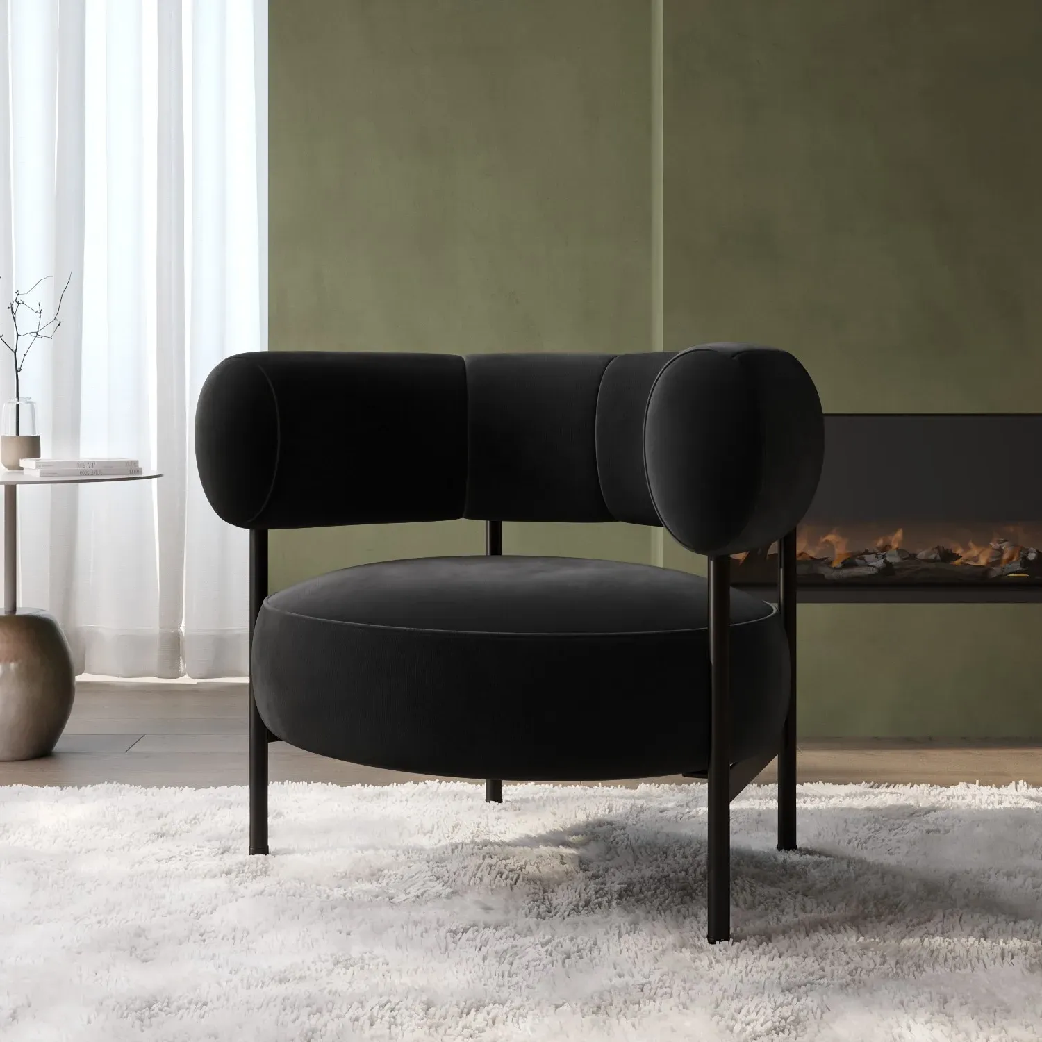 Curved Armchair with Metal Frame - Black, Velvet