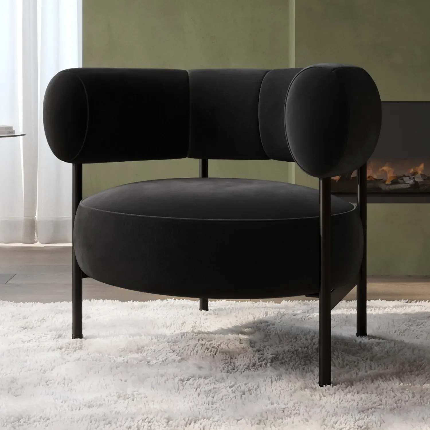 Curved Armchair with Metal Frame - Black, Velvet image
