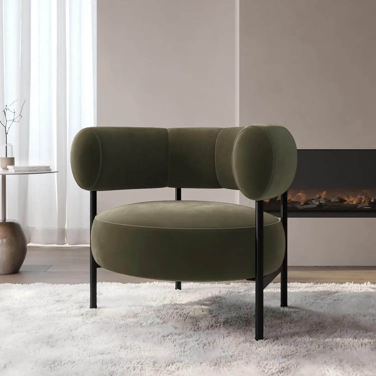 Curved Armchair with Metal Frame - Green, Velvet