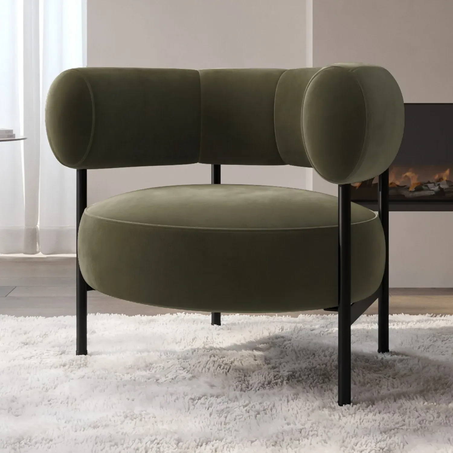 Curved Armchair with Metal Frame - Green, Velvet