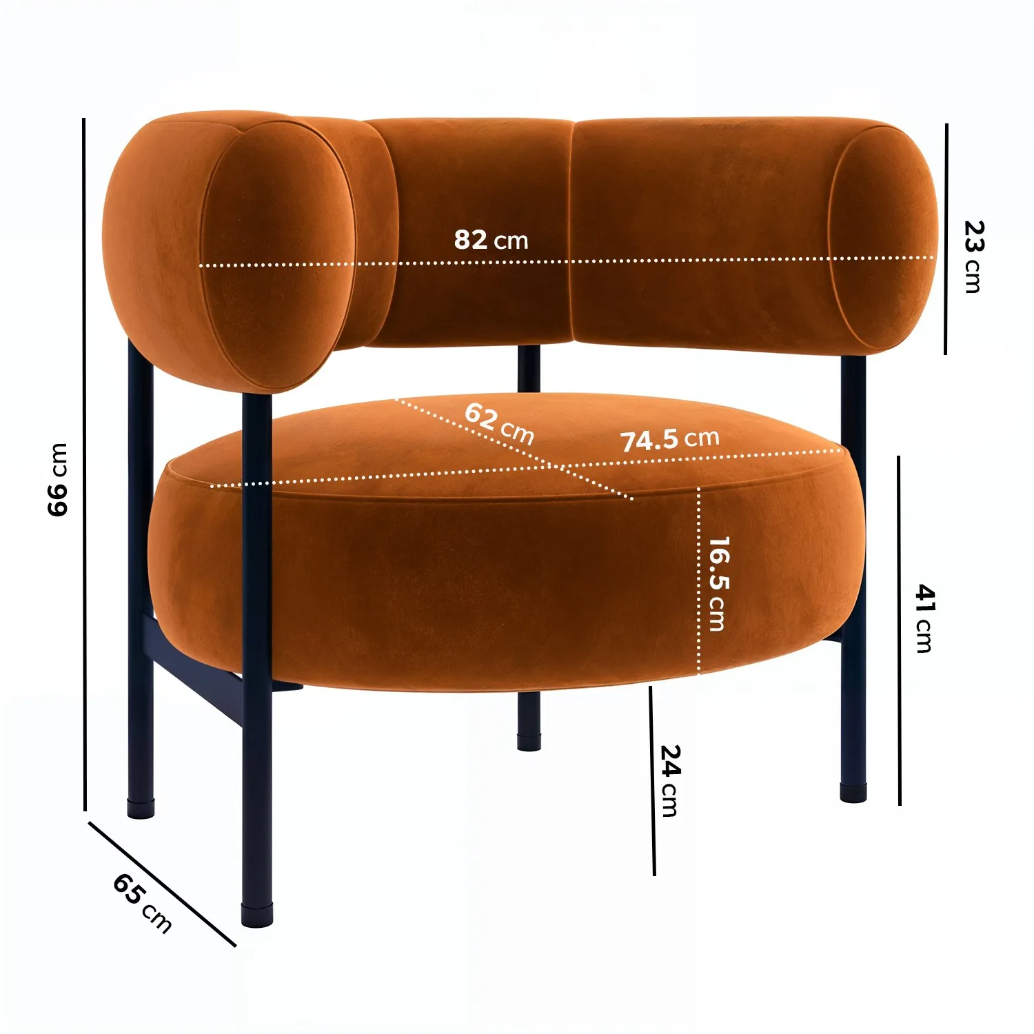 Curved Armchair with Metal Frame - Orange, Velvet