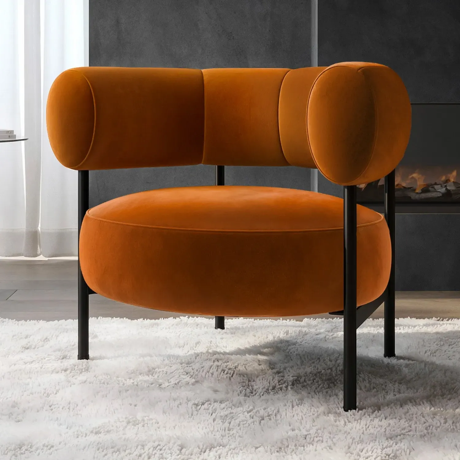 Curved Armchair with Metal Frame - Orange, Velvet image