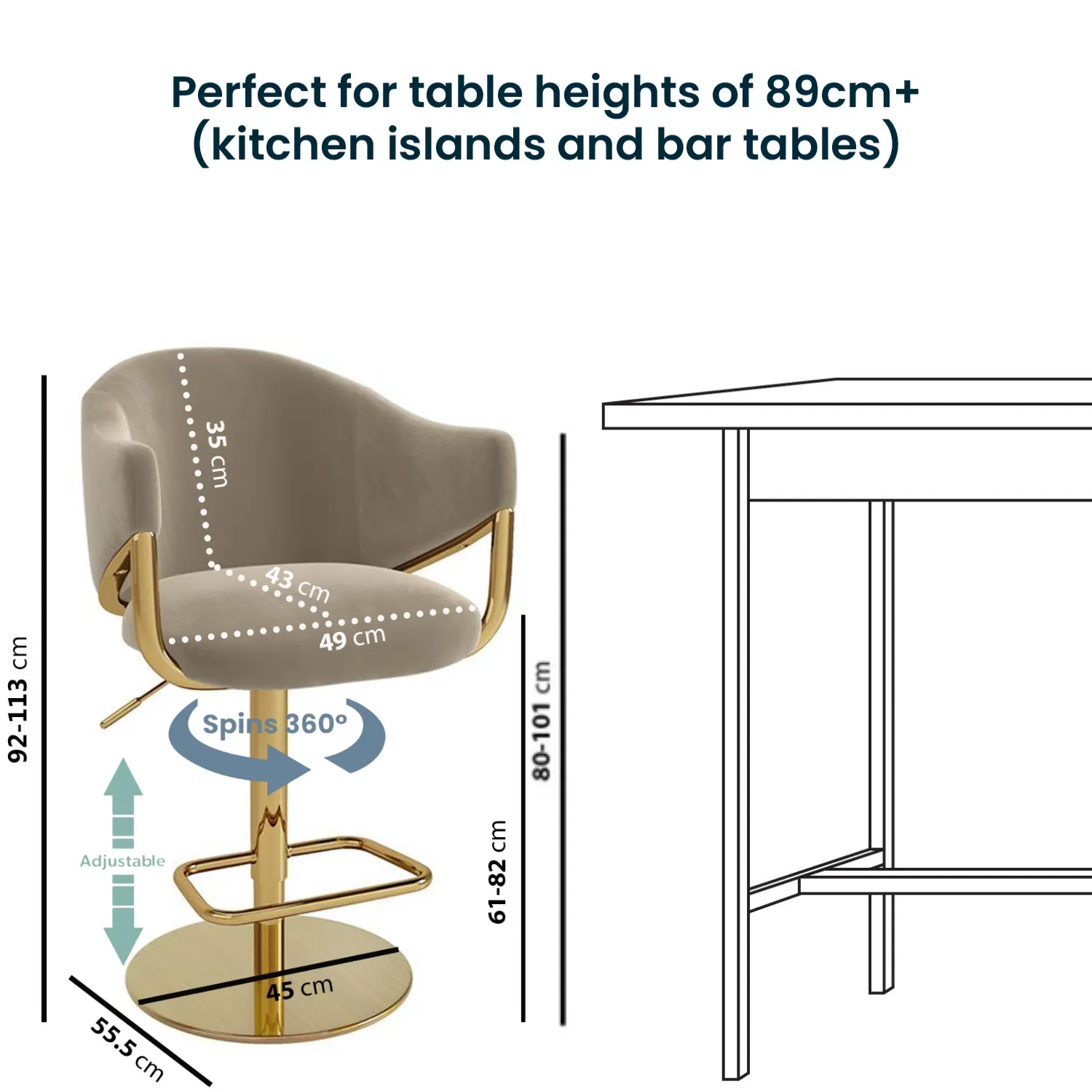 Adjustable Swivel Bar Stool - Beige, Velvet