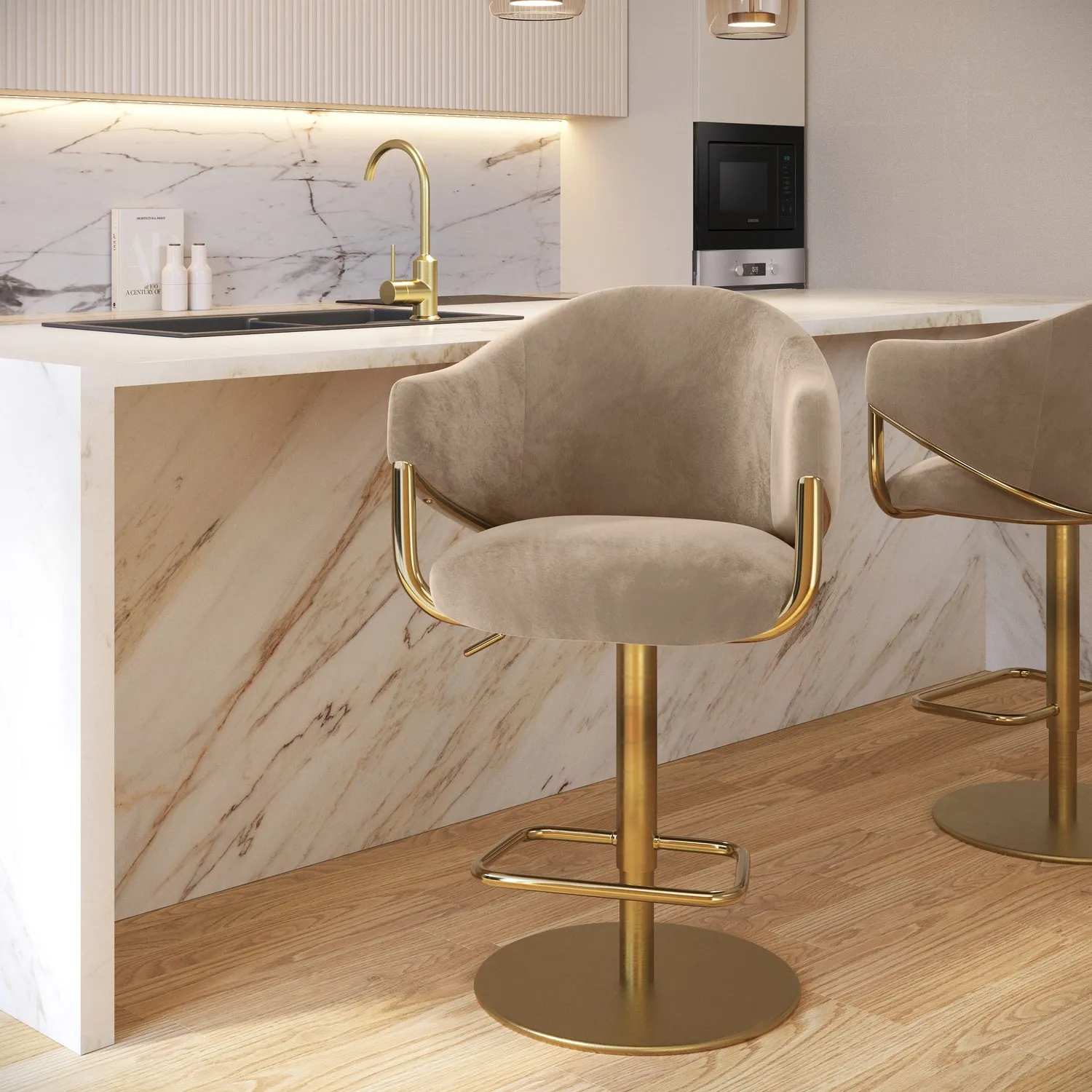 Adjustable Swivel Bar Stool - Beige, Velvet image
