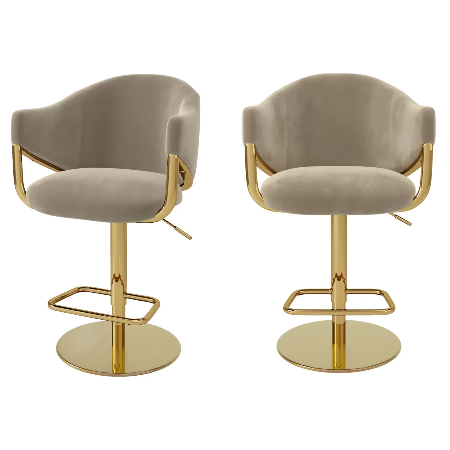 Set of 2 Adjustable Swivel Bar Stools - Beige, Velvet