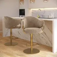 Set of 2 Adjustable Swivel Bar Stools - Beige, Velvet