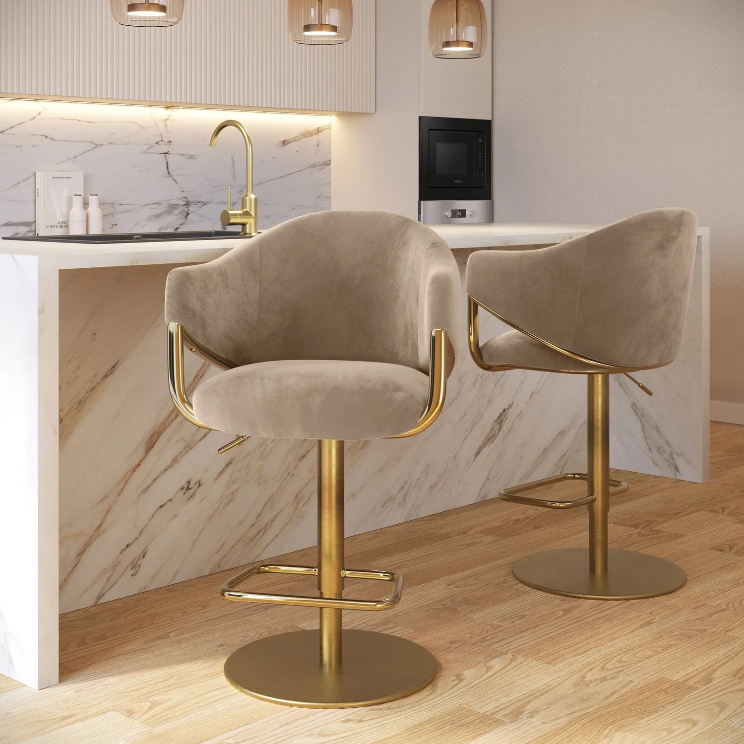 Set of 2 Adjustable Swivel Bar Stools - Beige, Velvet image
