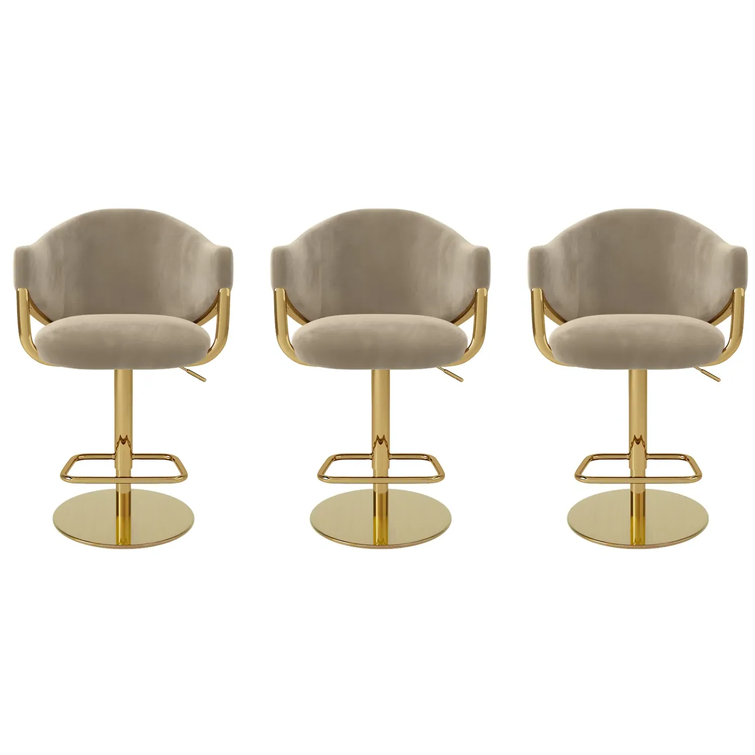 Set of 3 Adjustable Swivel Bar Stools - Beige, Velvet