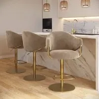 Set of 3 Adjustable Swivel Bar Stools - Beige, Velvet