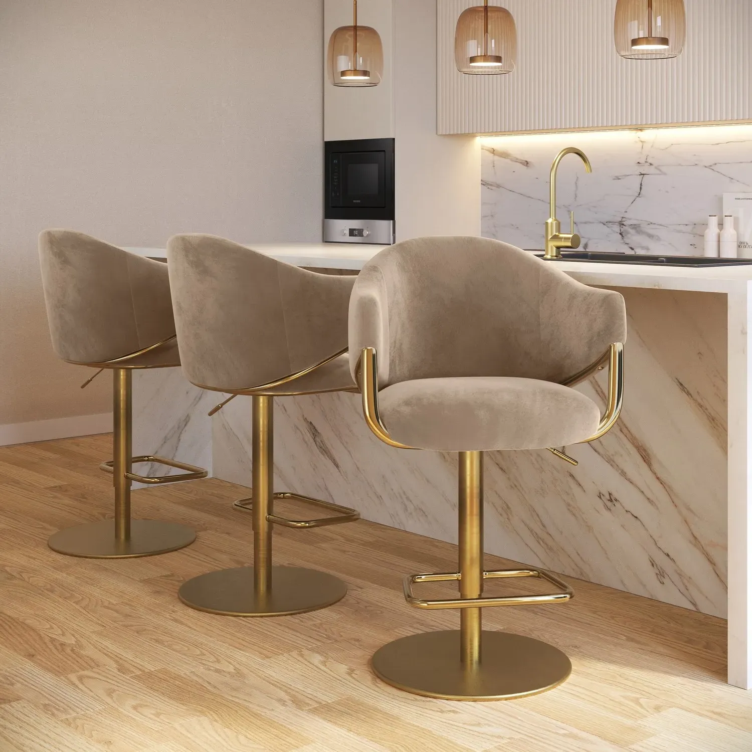 Set of 3 Adjustable Swivel Bar Stools - Beige, Velvet image