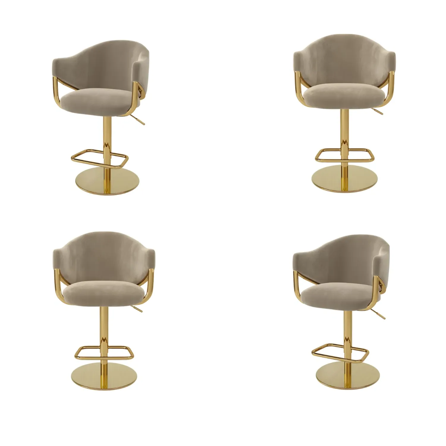 Set of 4 Adjustable Swivel Bar Stools - Beige, Velvet