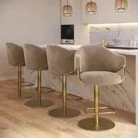 Set of 4 Adjustable Swivel Bar Stools - Beige, Velvet