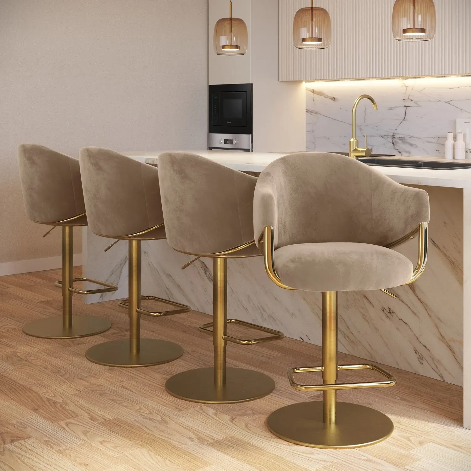 Set of 4 Adjustable Swivel Bar Stools - Beige, Velvet