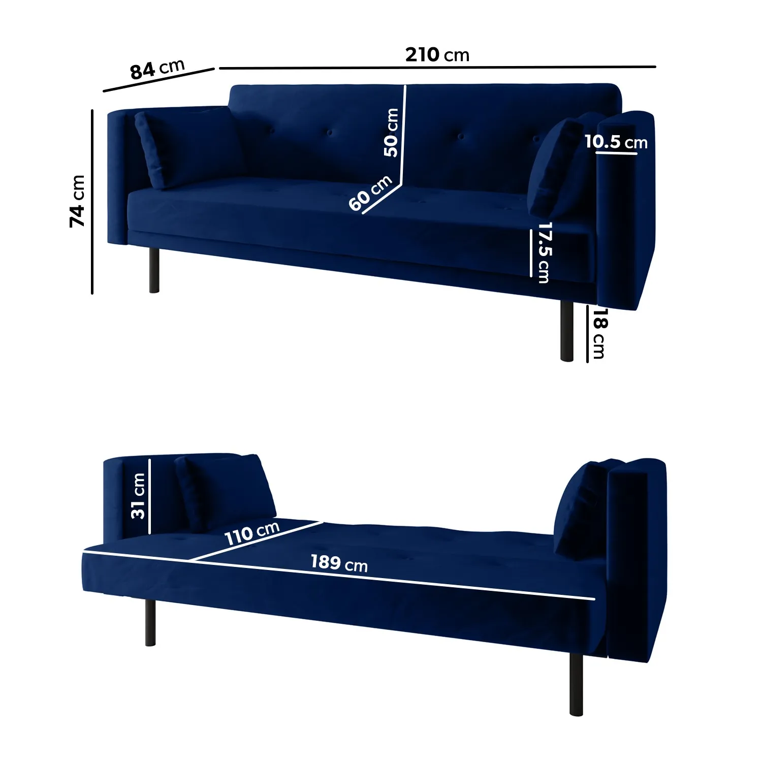 3-Seater Sofa Bed with Click Clack - Navy, Velvet
