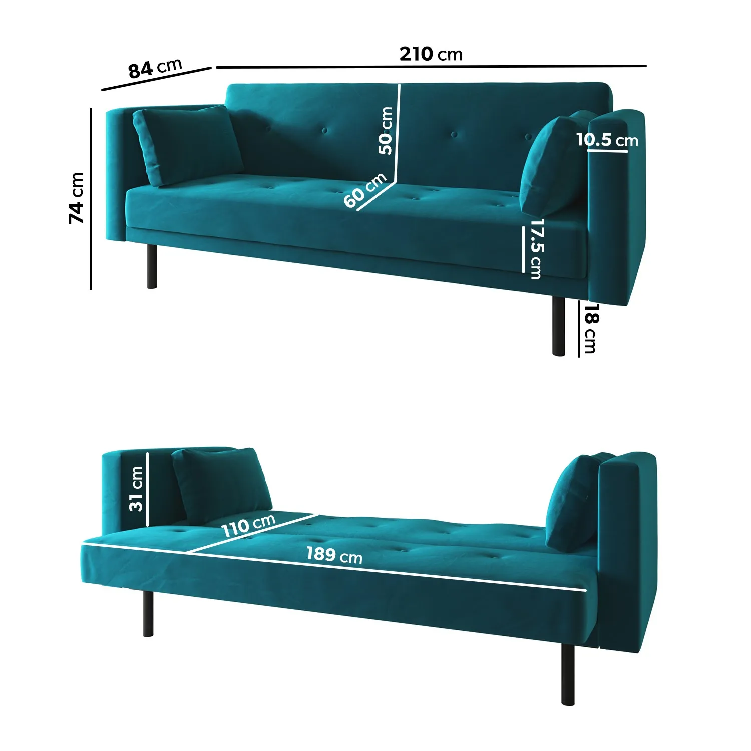 3-Seater Sofa Bed with Click Clack - Teal, Velvet