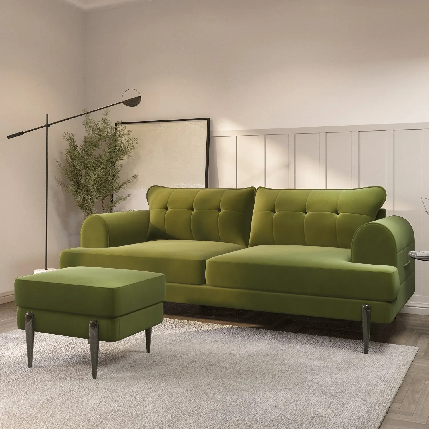 3-Seater Sofa Set with Footstool - Green, Velvet image