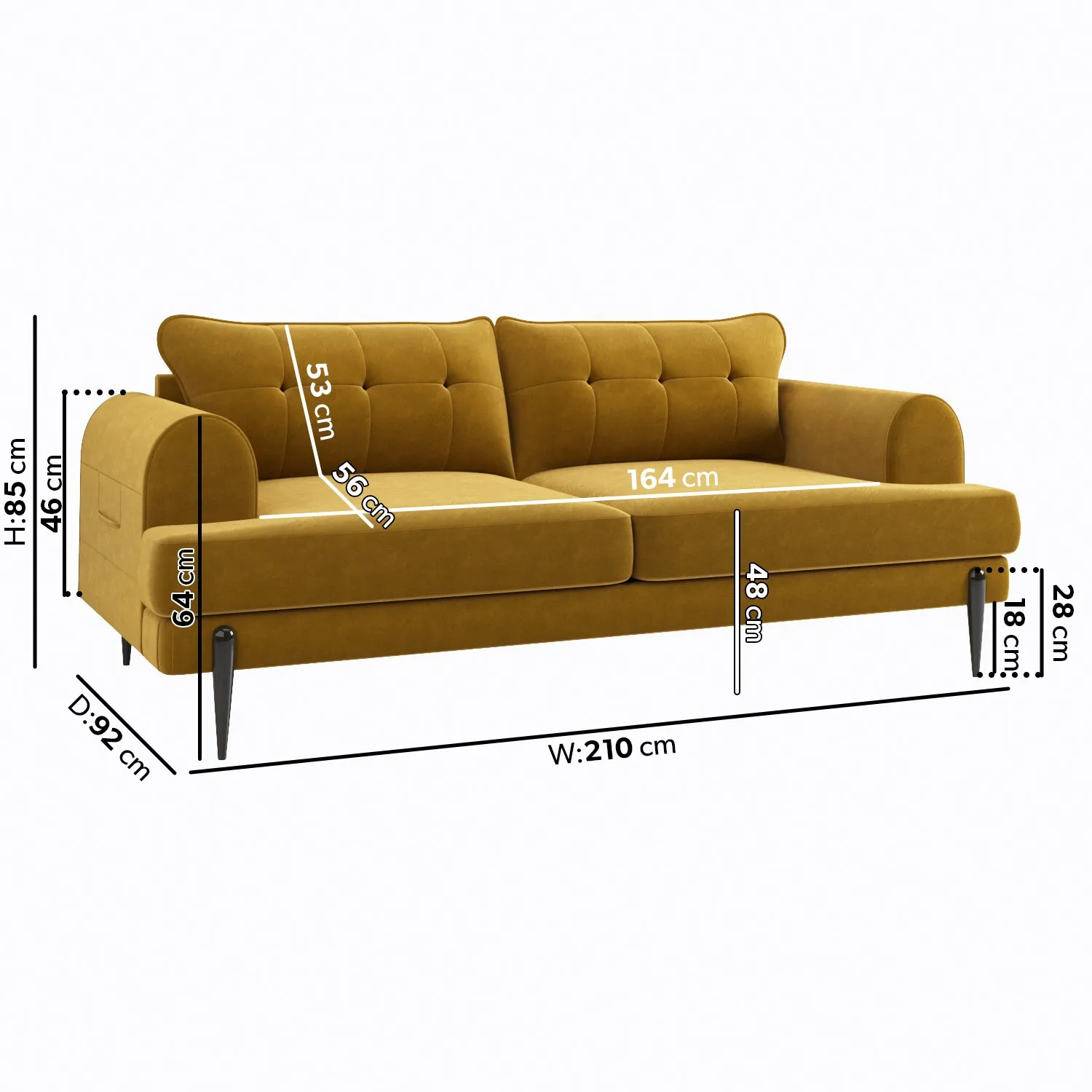 3-Seater Sofa with Quilted Back - Yellow, Velvet