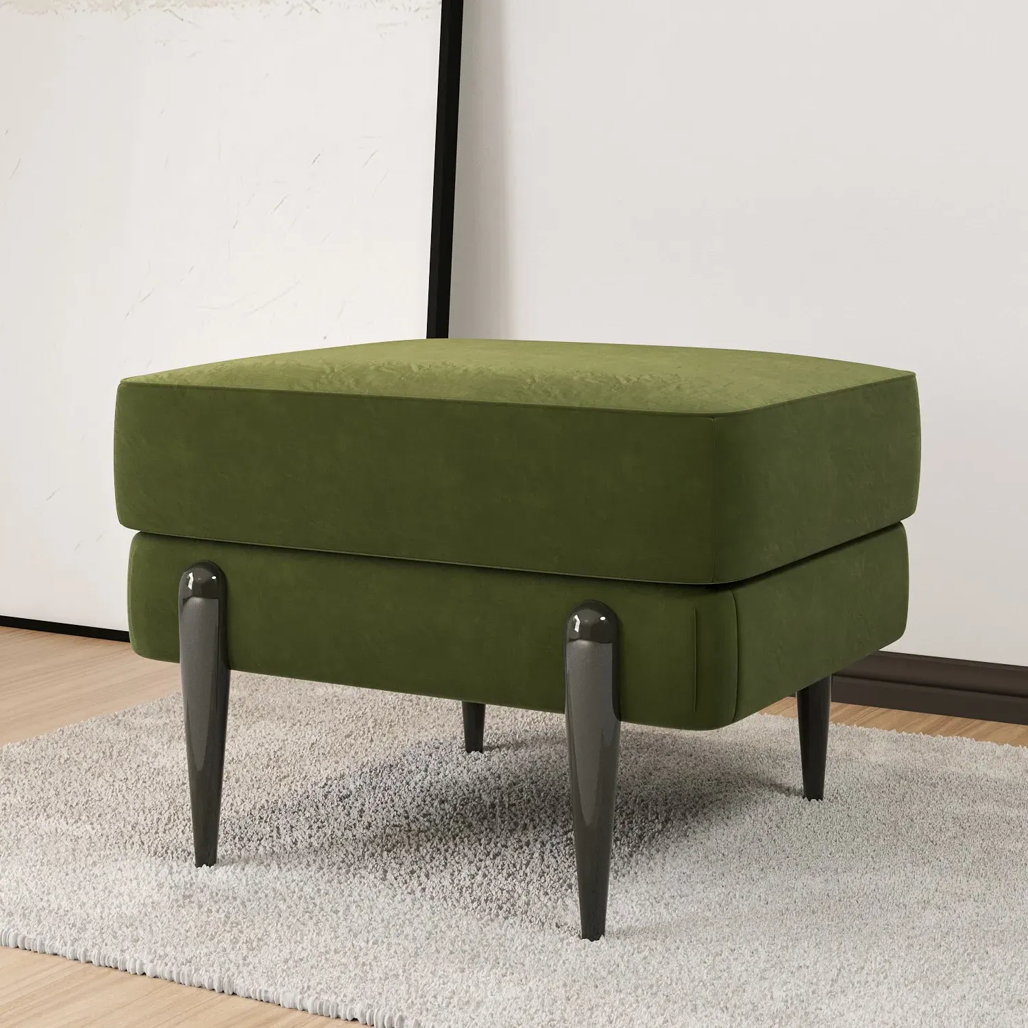 Small Footstool with Metal Legs - Green, Velvet