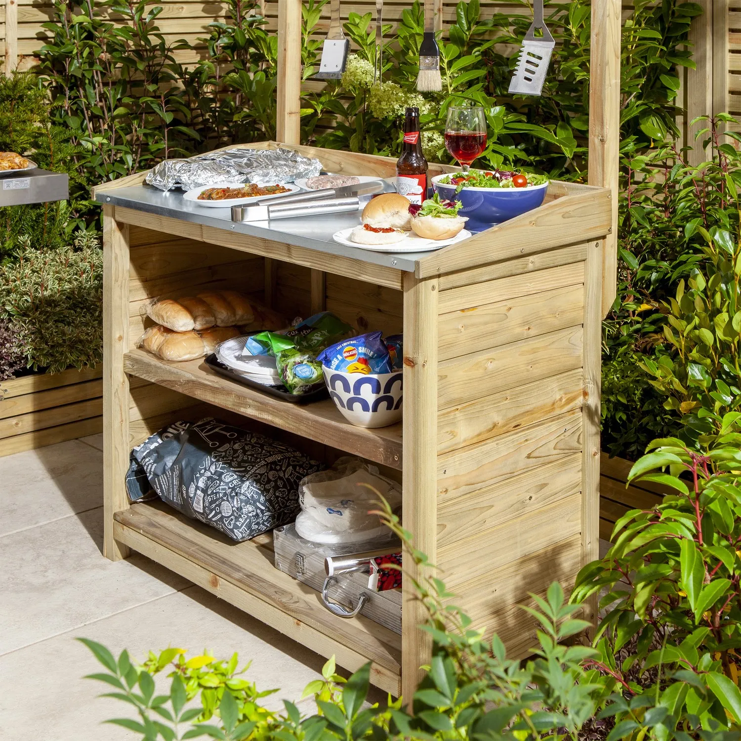 Barbecue Servery Table with Storage - Brown, Wood
