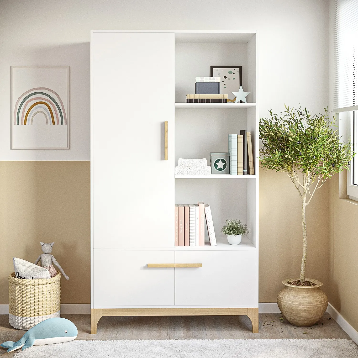 Nursery Wardrobe with Shelves - White, Pine image