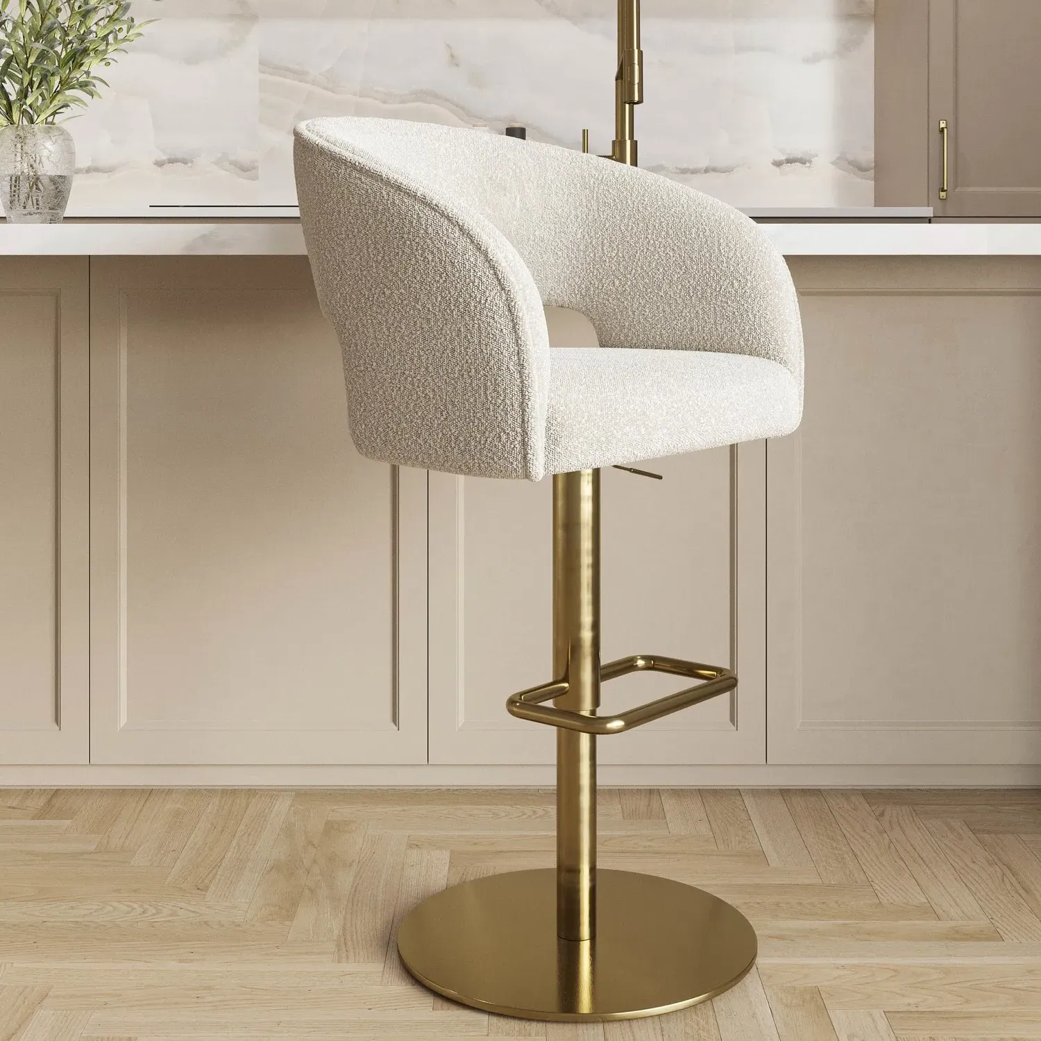 Curved Adjustable Swivel Bar Stool - Beige, Boucle image