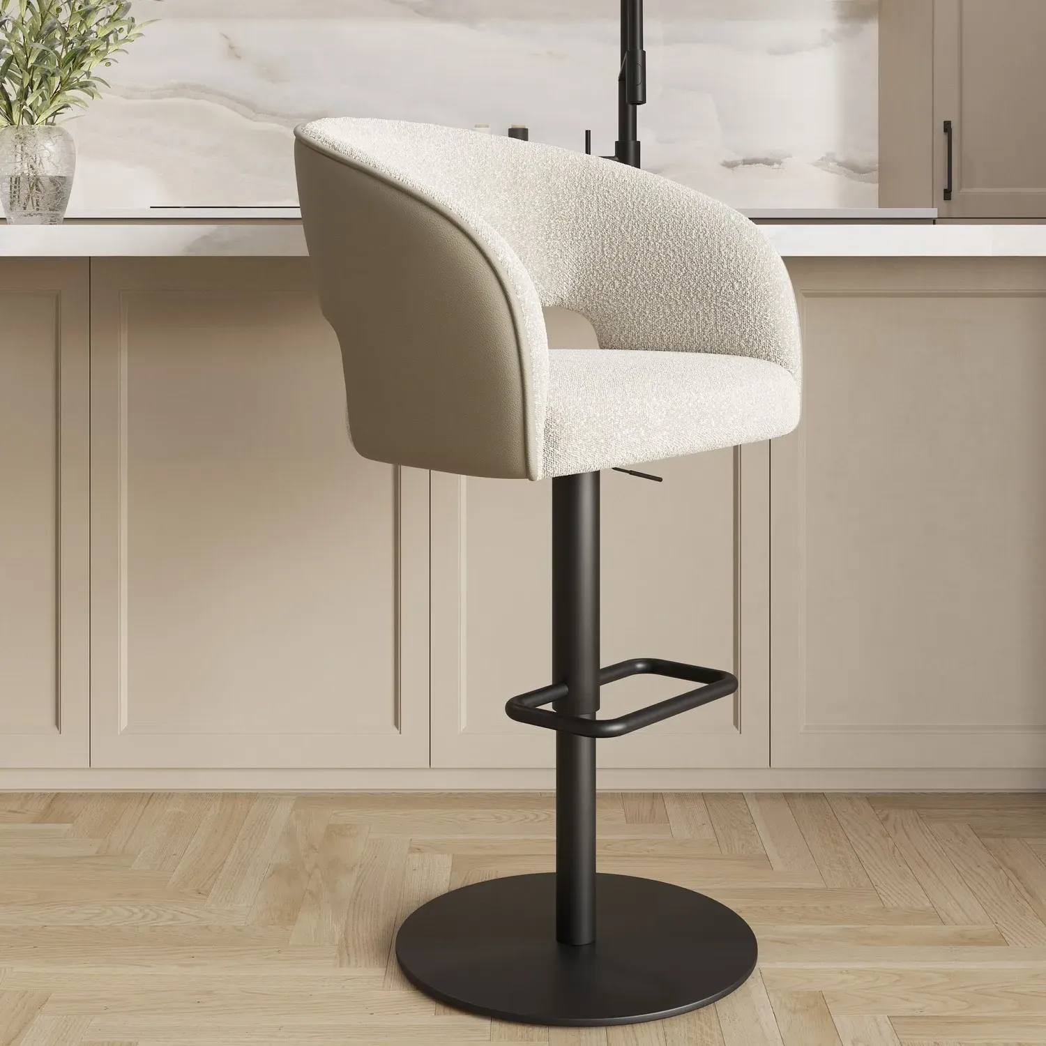 Curved Adjustable Swivel Bar Stool - Beige, Boucle image