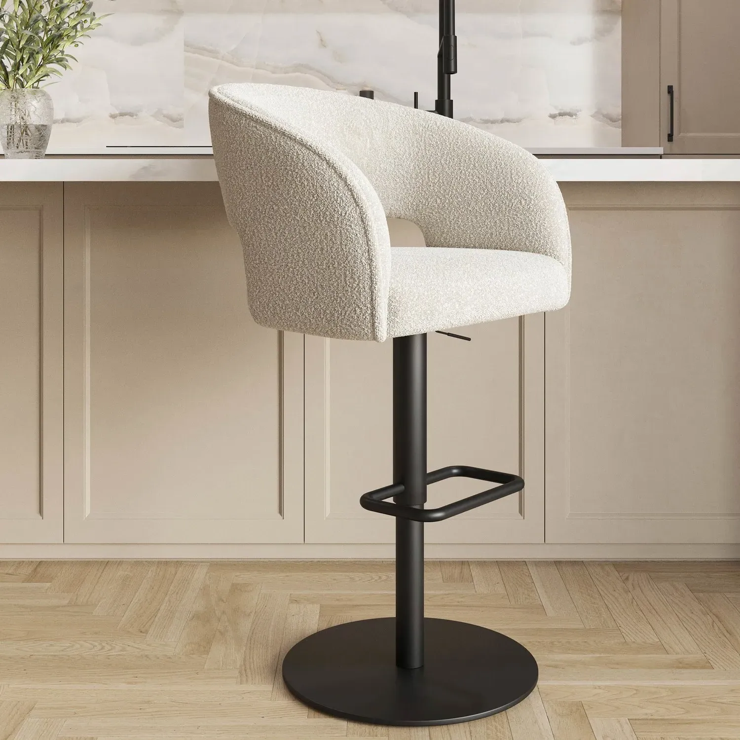 Curved Adjustable Swivel Bar Stool - Beige, Boucle image