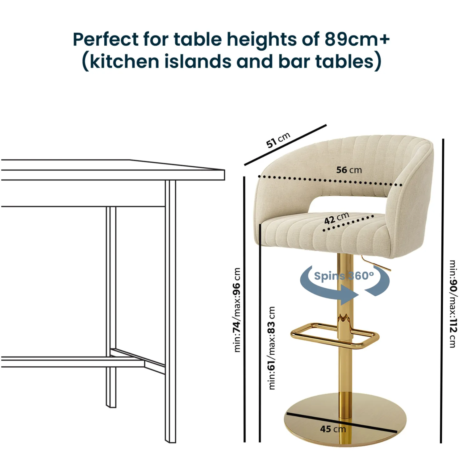 Curved Adjustable Swivel Bar Stool - Beige, Chenille