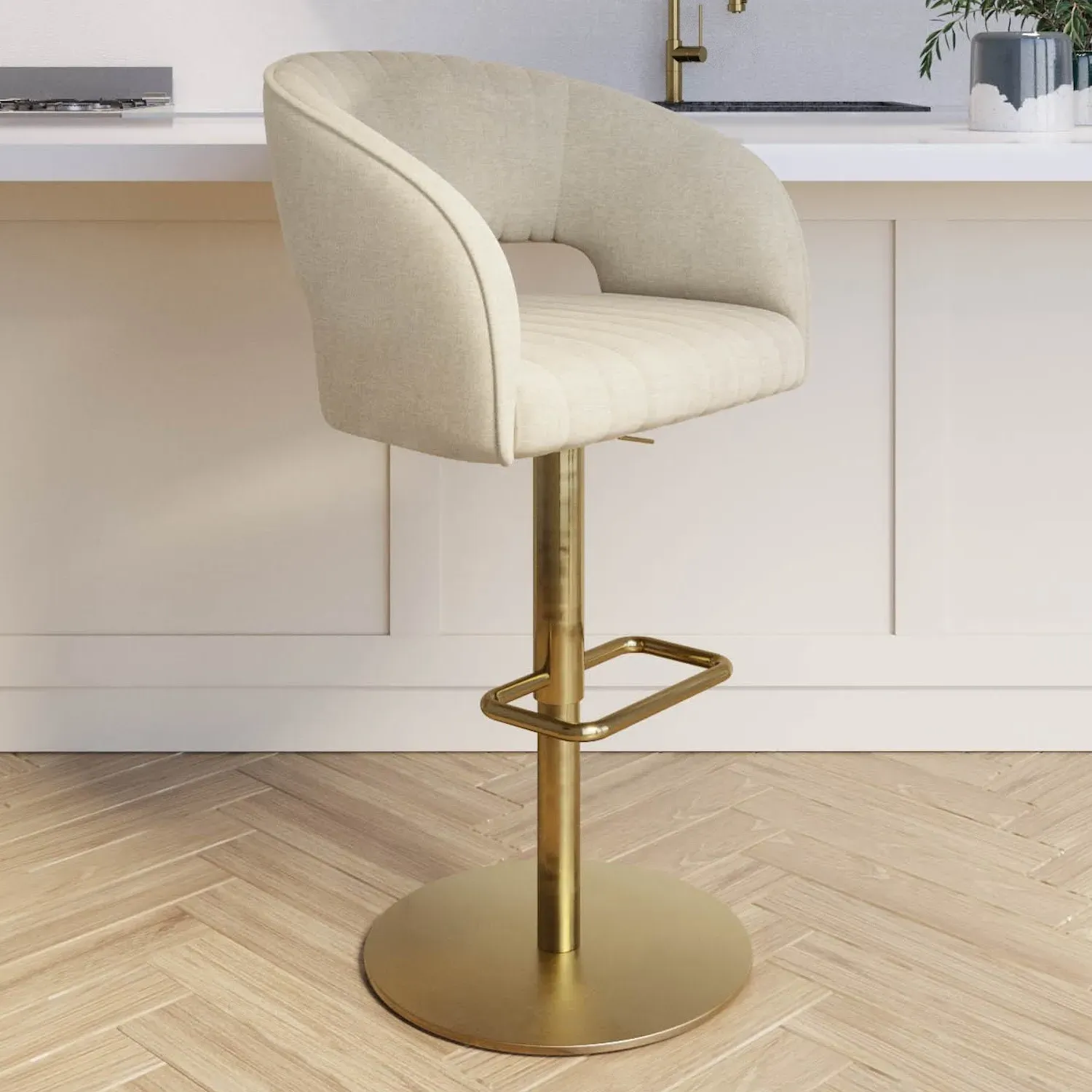 Curved Adjustable Swivel Bar Stool - Beige, Chenille image