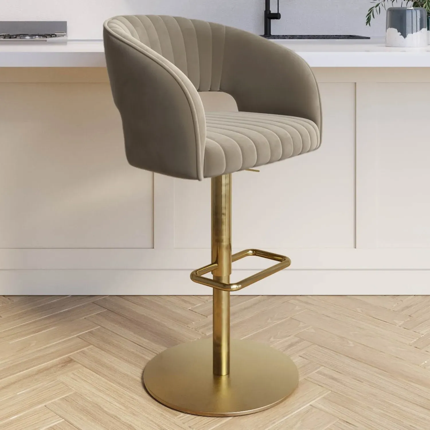 Curved Adjustable Swivel Bar Stool - Mink, Velvet