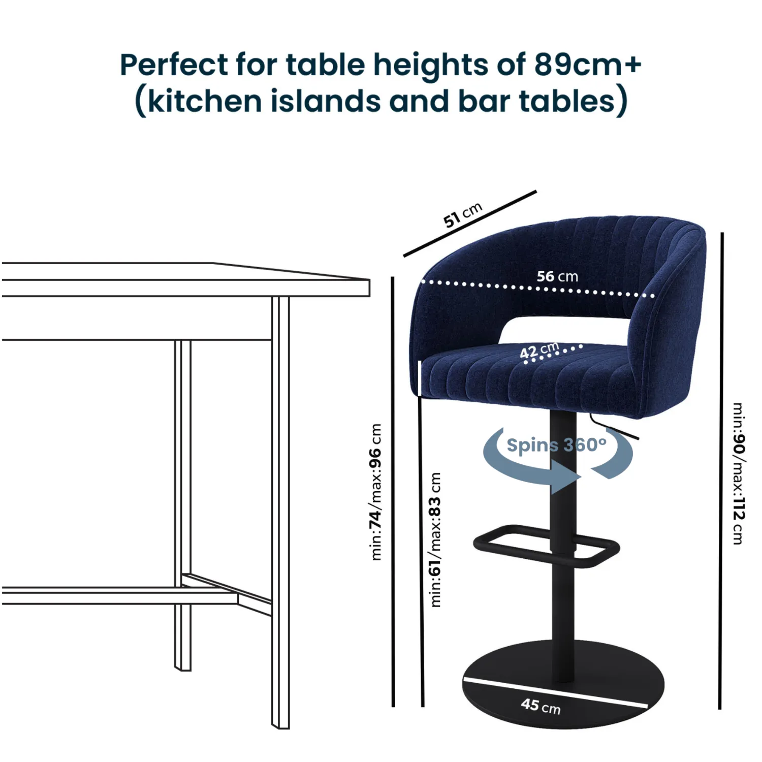Curved Adjustable Swivel Bar Stool - Navy, Chenille