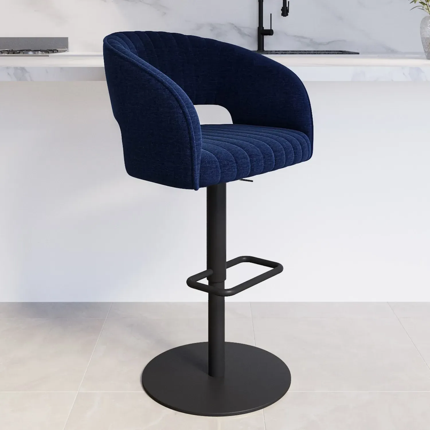 Curved Adjustable Swivel Bar Stool - Navy, Chenille image