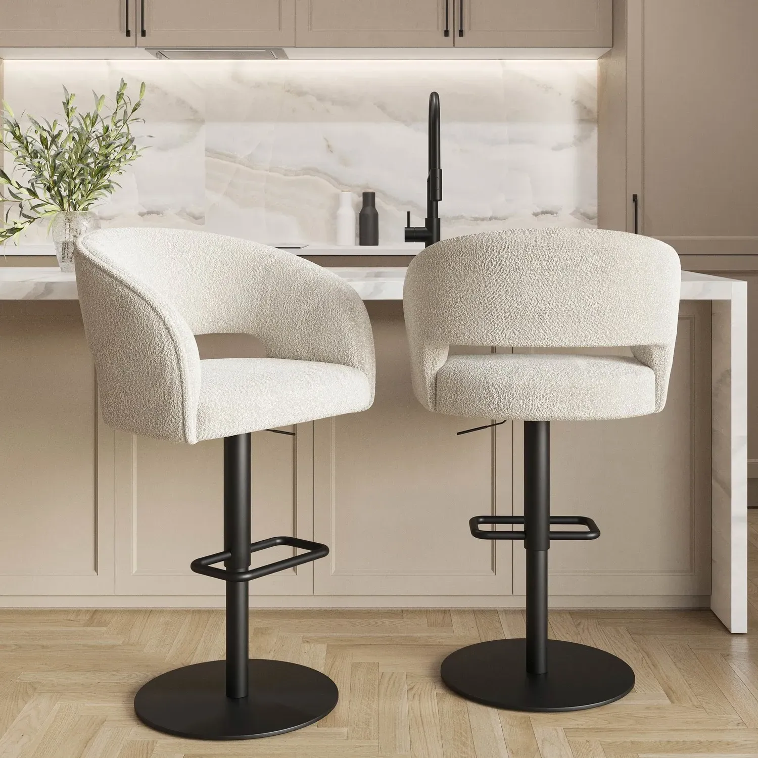 Set of 2 Adjustable Swivel Barstool - Beige, Boucle