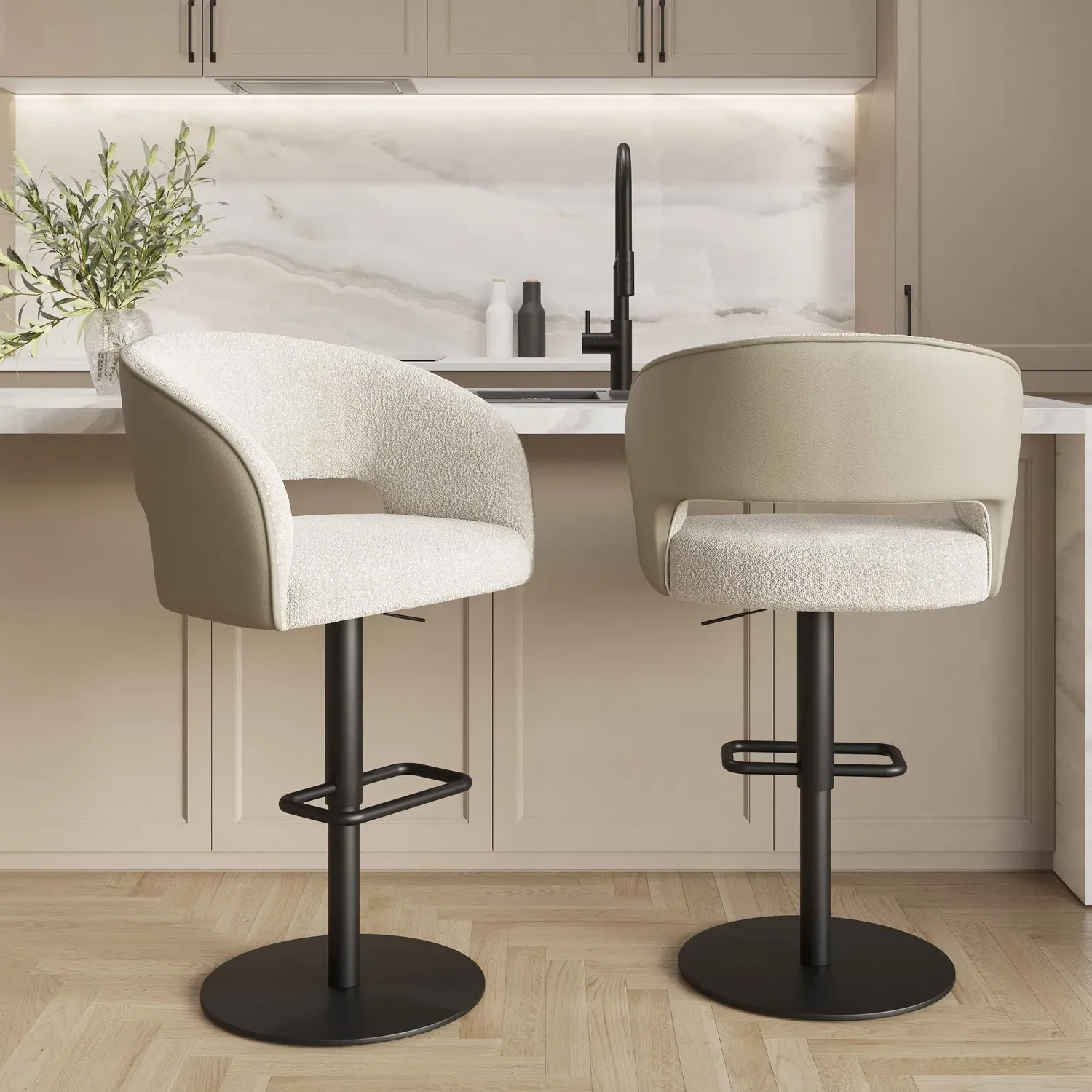 Set of 2 Swivel Bar Stools with Backs - Beige, Mixed Fabric image
