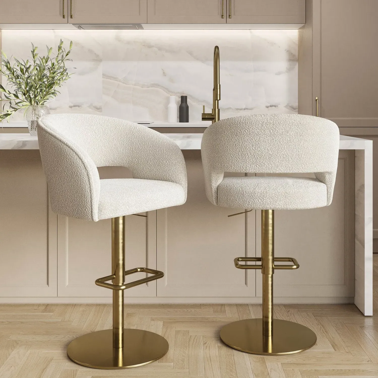 Set of 2 Swivel Barstools - Beige, Boucle image