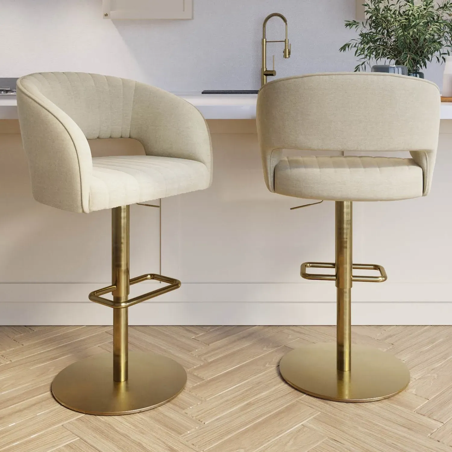 Set of 2 Swivel Barstools - Beige, Chenille image