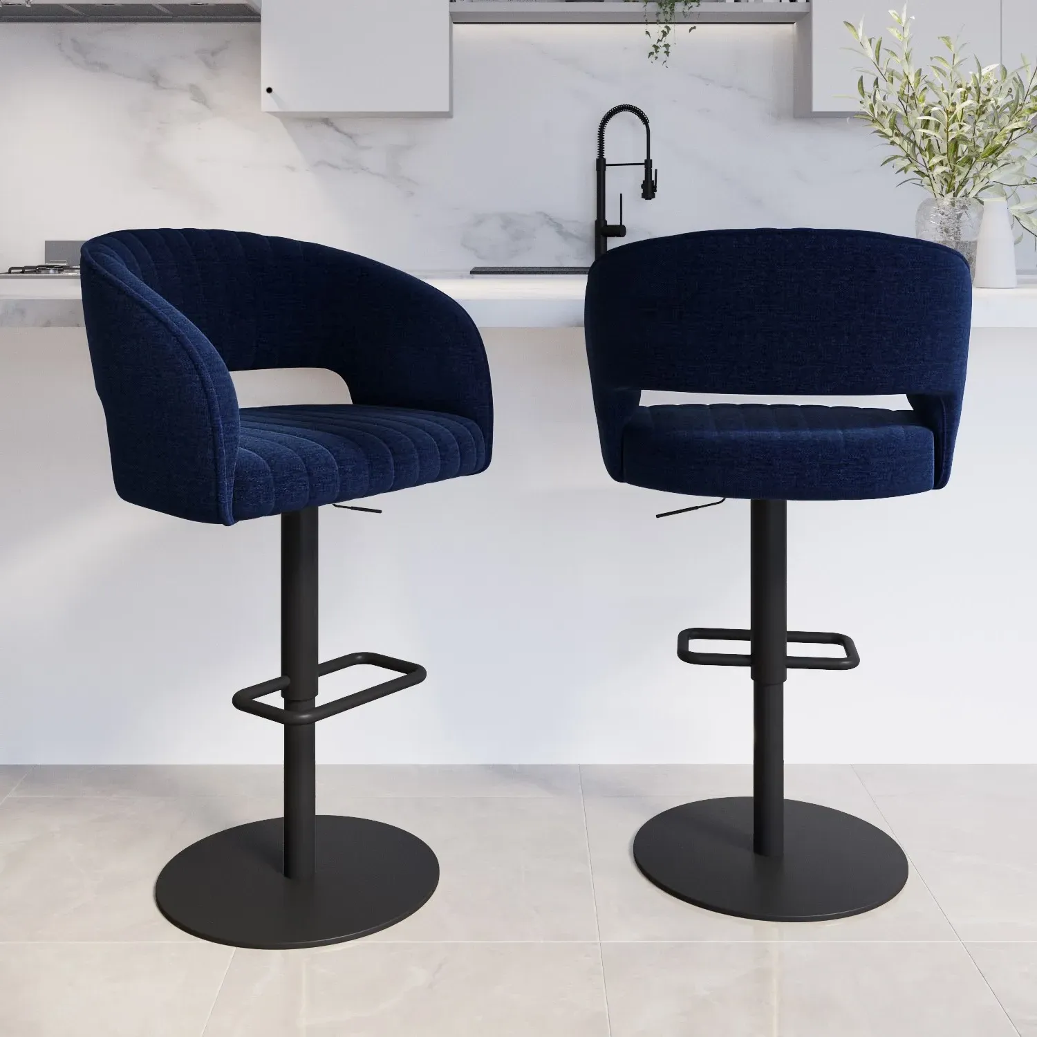 Set of 2 Swivel Barstools - Navy Blue, Chenille image