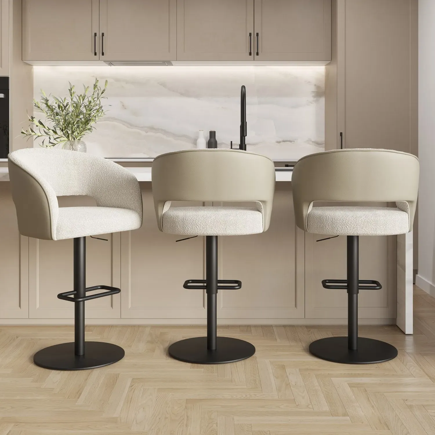 Set of 3 Swivel Bar Stools with Backs - Beige, Mixed Fabric